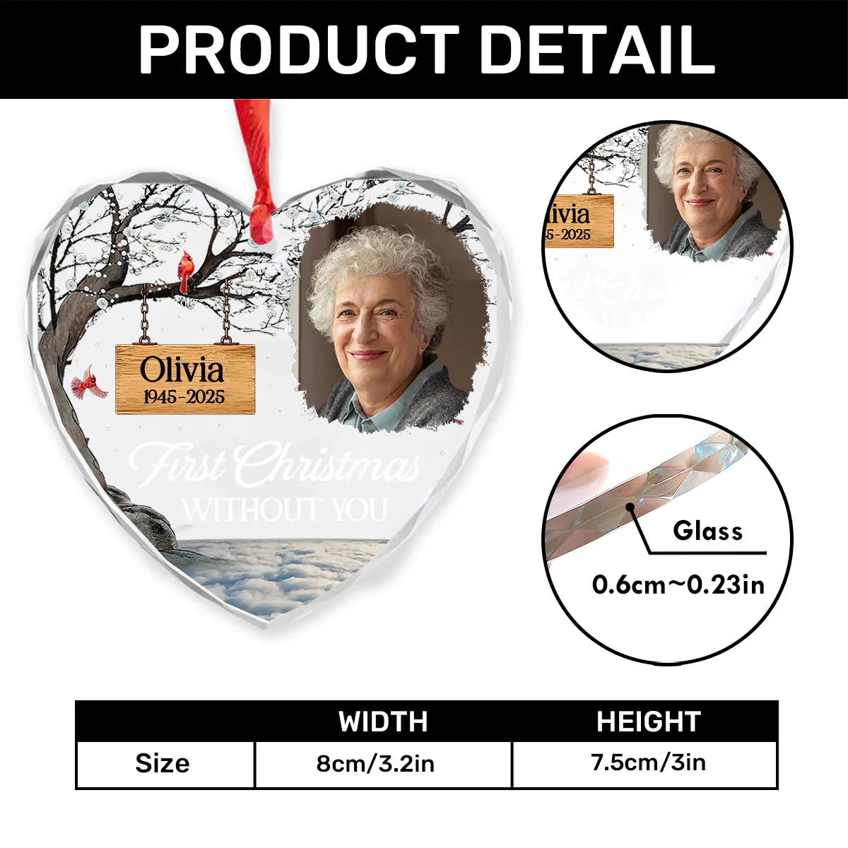 First Christmas Without You - Personalized Heart Shaped Glass Ornament - Image 4