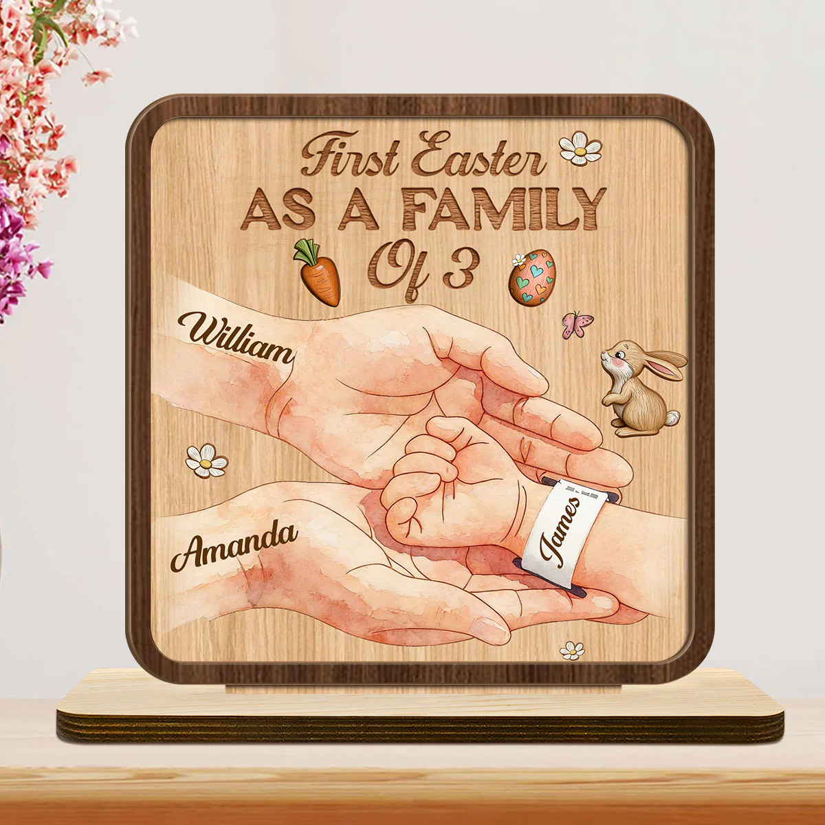First Easter As A Family Of 3 - Personalized 2-Layer Wood Plaque With Flat Base - Image 4