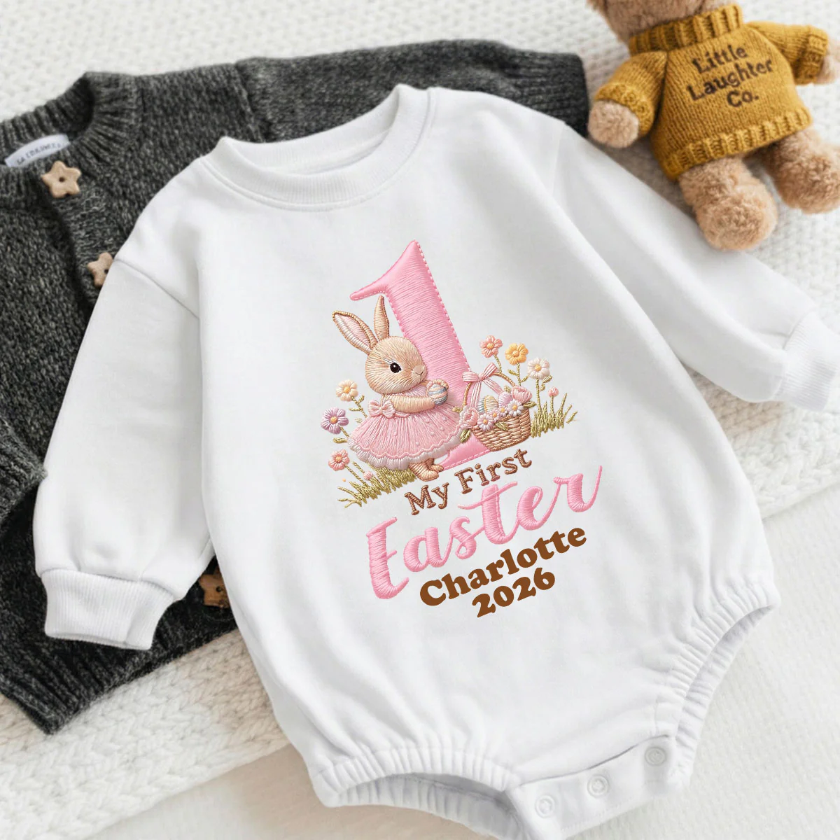 First Easter Baby Long Sleeve Puff Romper - Personalized Baby One-Piece - Image 4