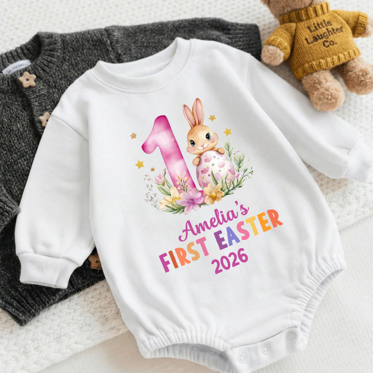 First Easter Baby Long Sleeve Puff Romper - Personalized Baby One-Piece - Image 5
