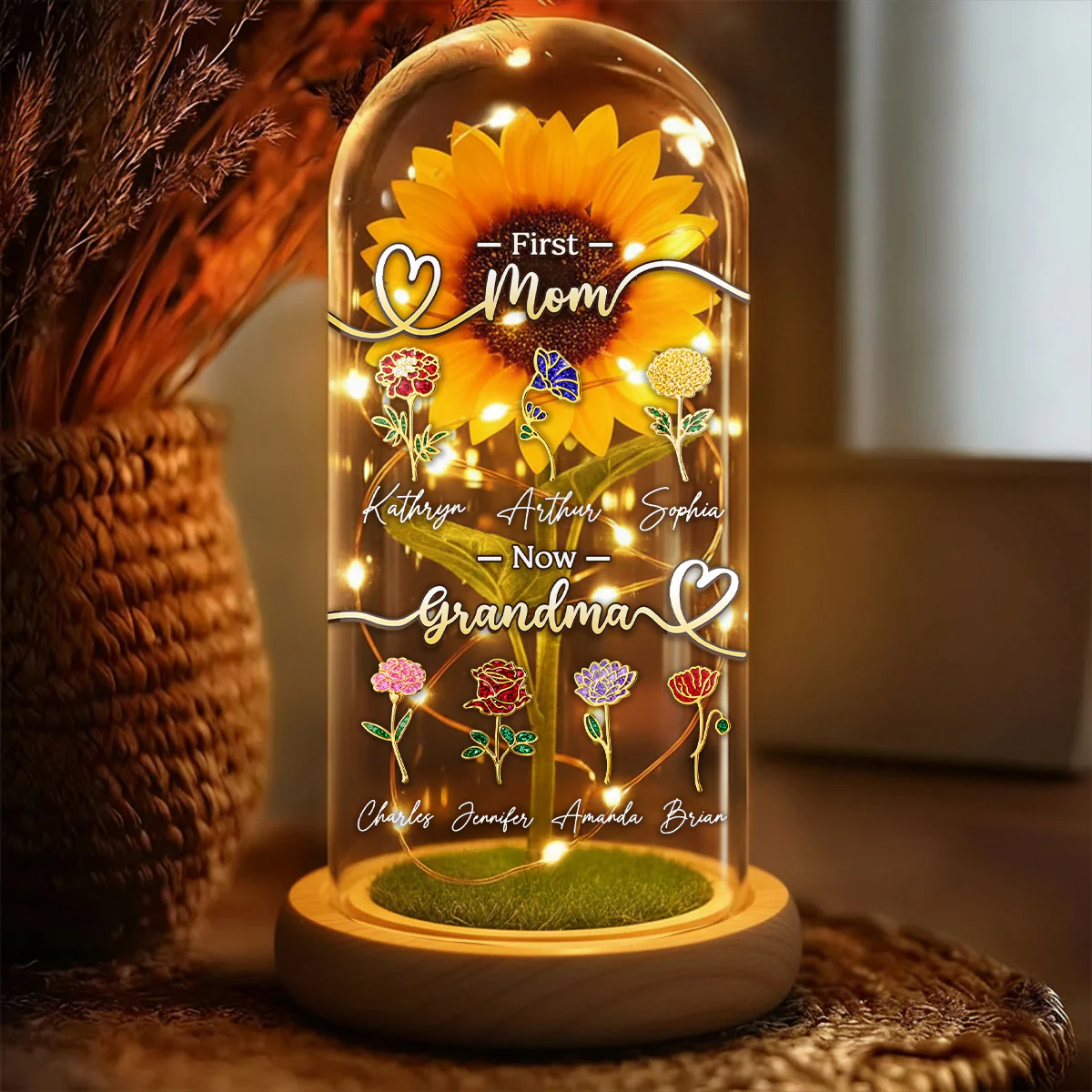 First Mom Now Grandma Birth Month Flower - Personalized Sunflower Dome Lamp