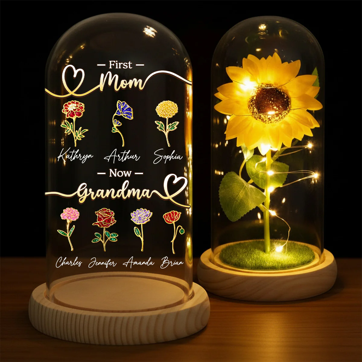First Mom Now Grandma Birth Month Flower - Personalized Sunflower Dome Lamp - Image 3