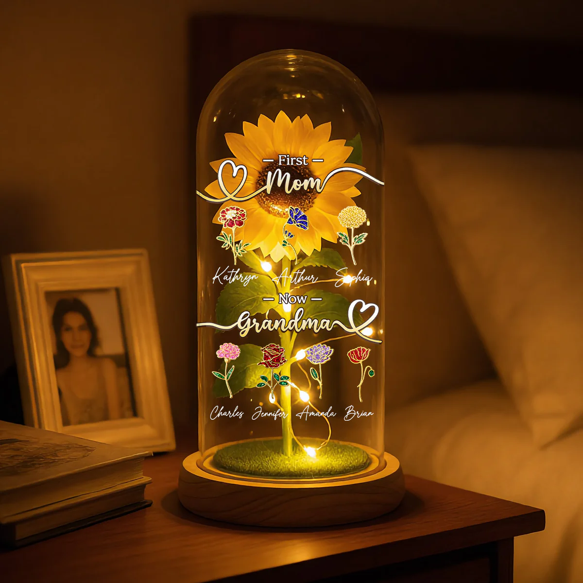 First Mom Now Grandma Birth Month Flower - Personalized Sunflower Dome Lamp - Image 4