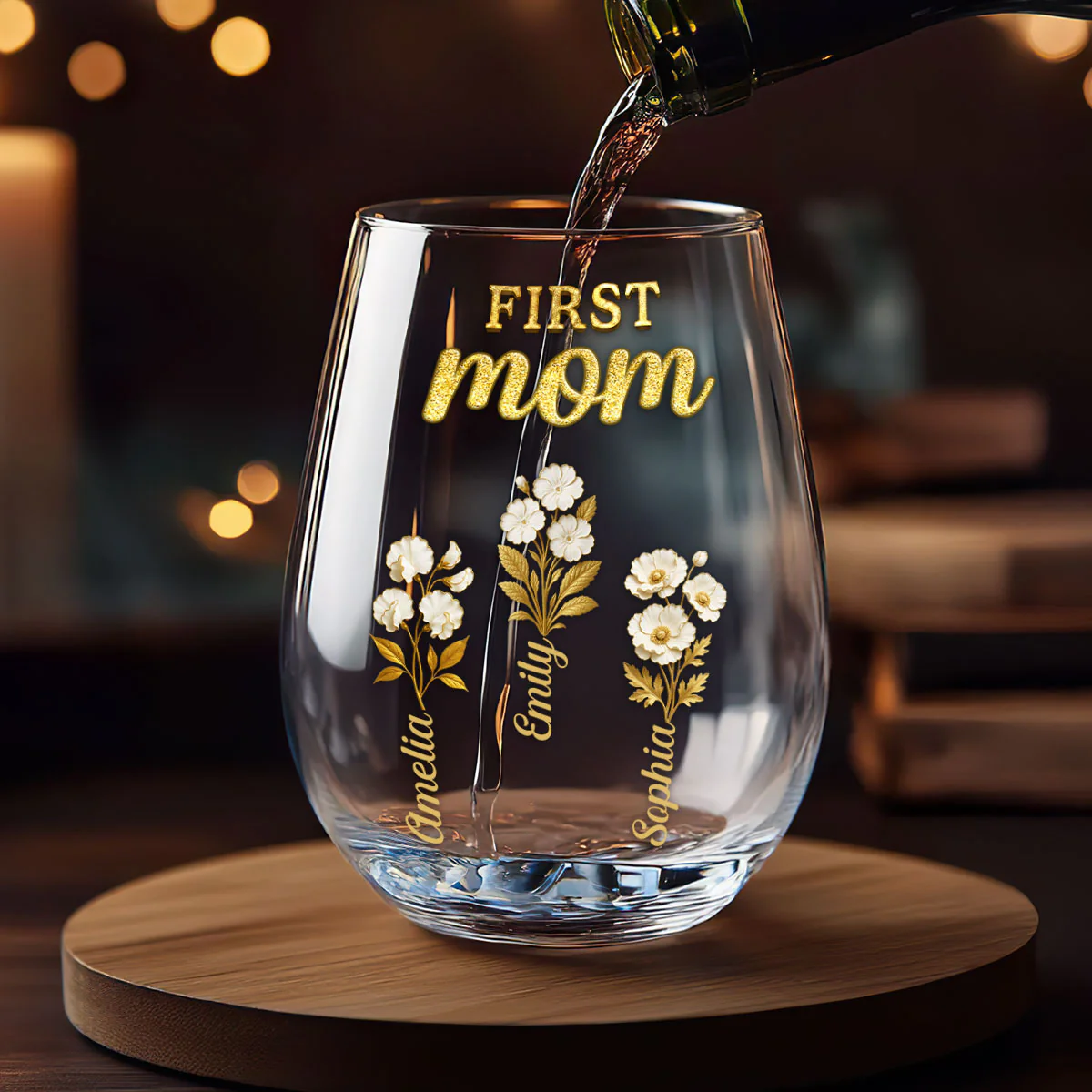 First Mom Now Grandma Golden Birth Month Flower - Personalized Stemless Wine Glass - Image 2