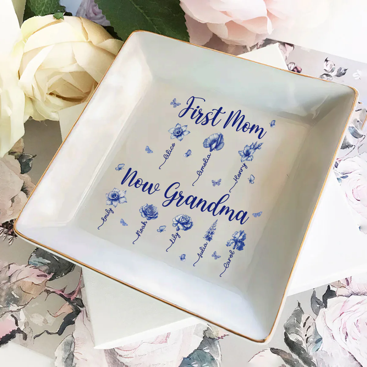 First Mom Now Grandma - Personalized Ceramic Ring Dish Square - Image 2