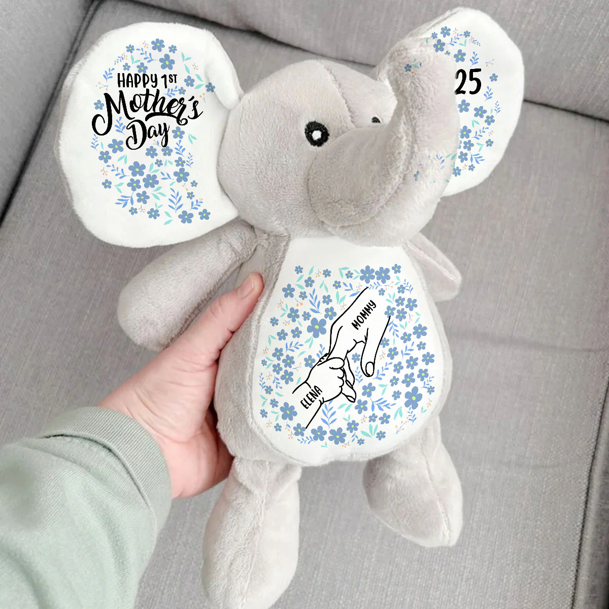 Floral Mommy And Baby - Personalized Stuffed Elephant - Image 3