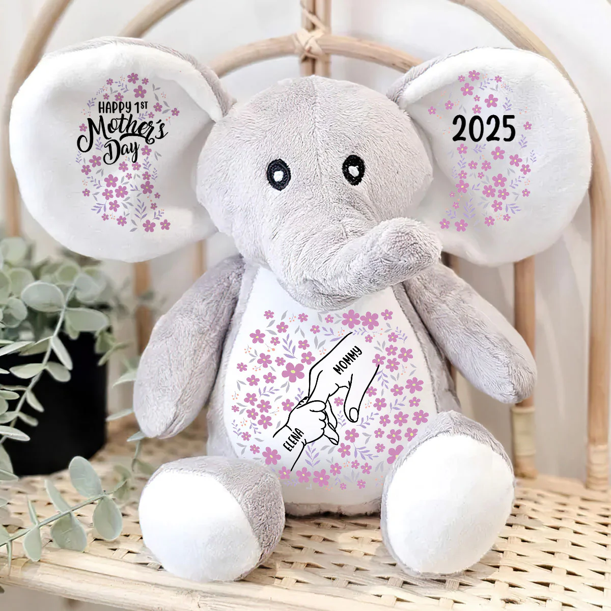 Floral Mommy And Baby - Personalized Stuffed Elephant - Image 4