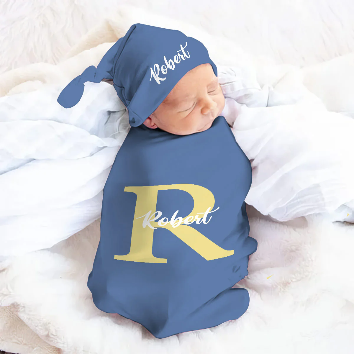 Flower Initial Name - Personalized Swaddle And Knot Hat Set - Image 2
