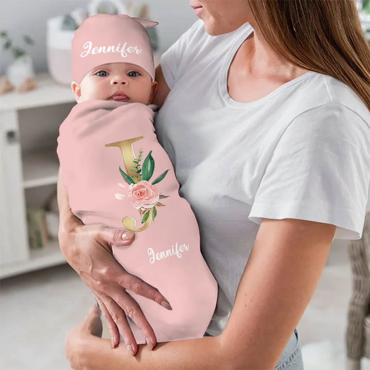 Flower Initial Name - Personalized Swaddle And Knot Hat Set - Image 3