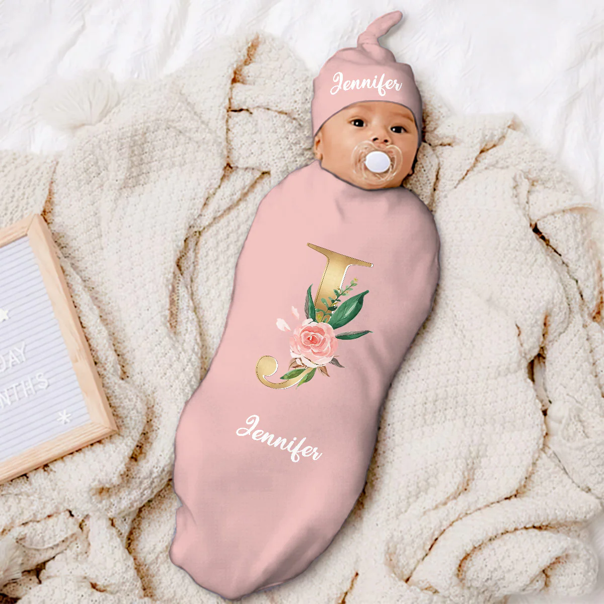 Flower Initial Name - Personalized Swaddle And Knot Hat Set - Image 4