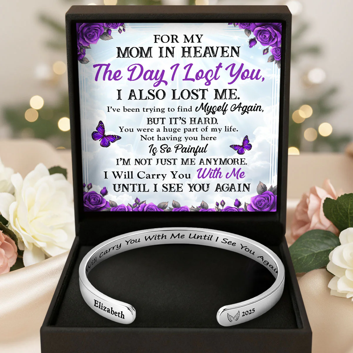 For My Love In Heaven - Personalized Cuff Bangle Bracelet With Box