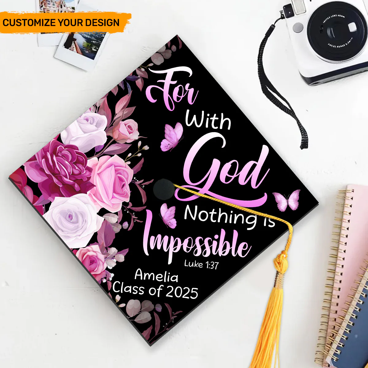 For With God Nothing Is Impossible - Personalized Graduation Cap Topper - Image 4