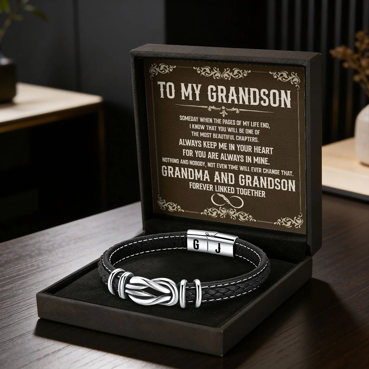 Forever Linked Together Gift For Grandson - Personalized Braided Leather Infinity Bracelet - Image 4