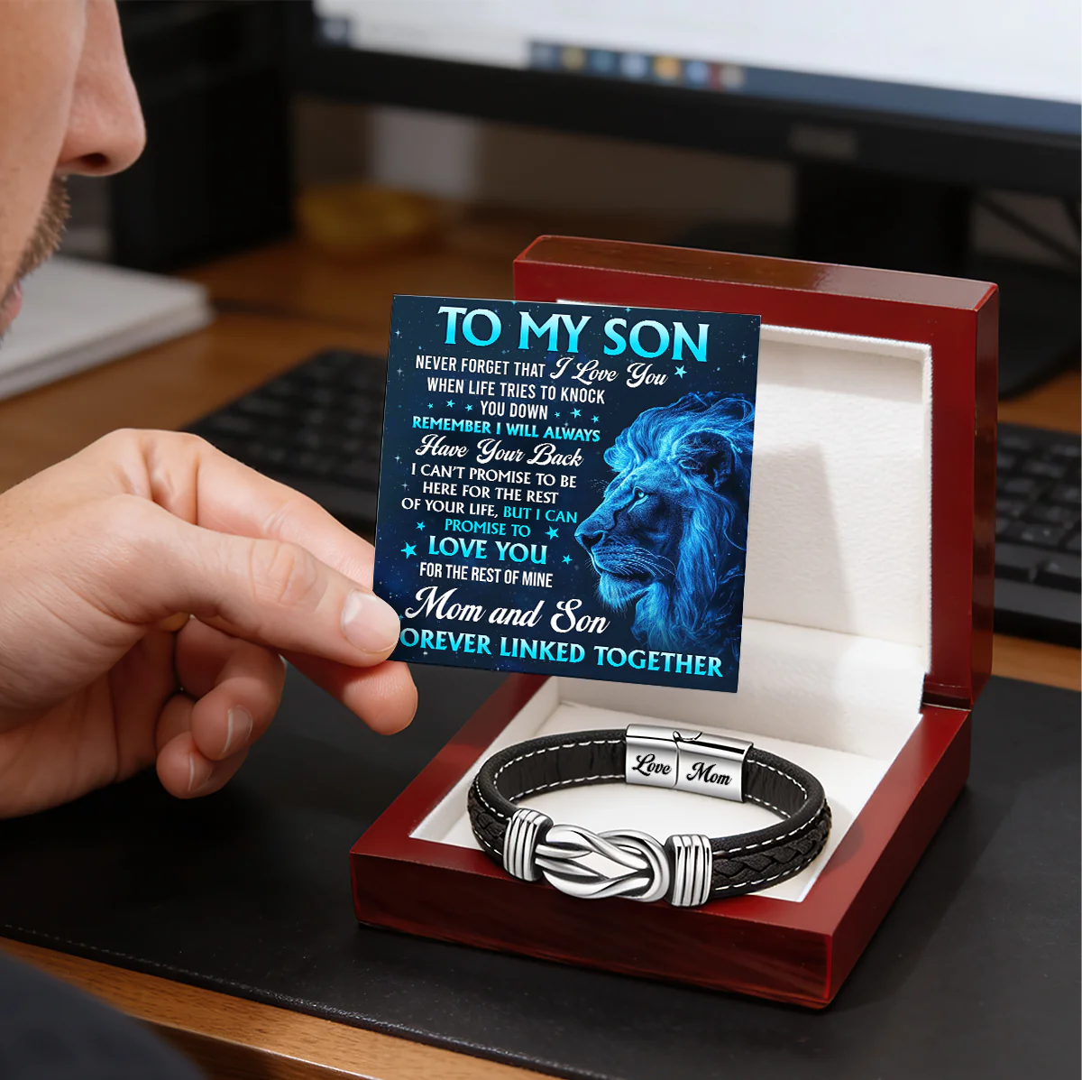 Forever Linked Together Gift For Son - Personalized Braided Leather Infinity Bracelet - Image 3
