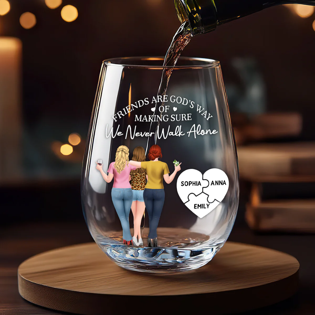 Friends Are God's Way Of Making Sure We Never Walk Alone - Personalized Stemless Wine Glass - Image 2