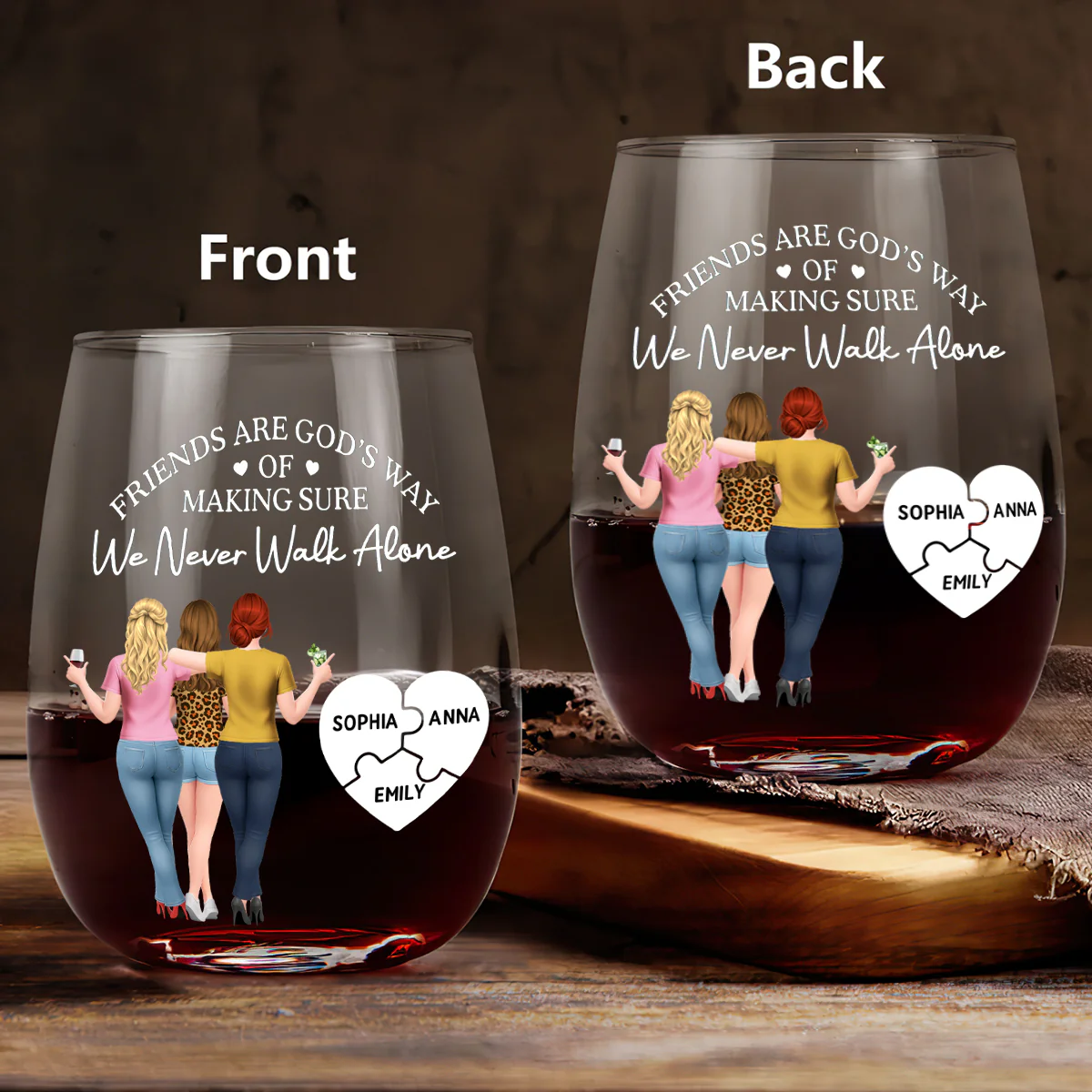 Friends Are God's Way Of Making Sure We Never Walk Alone - Personalized Stemless Wine Glass - Image 3