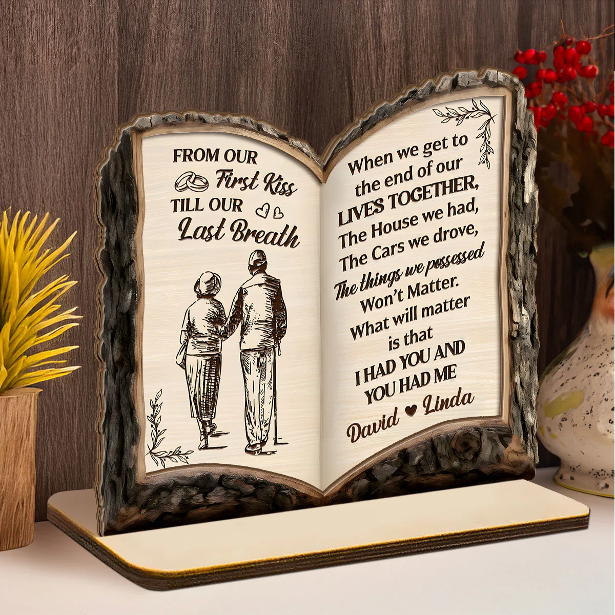 From Our First Kiss To Our Last Breath Love Journey Book - Personalized 2-Layer Wood Plaque With Flat Base - Image 3