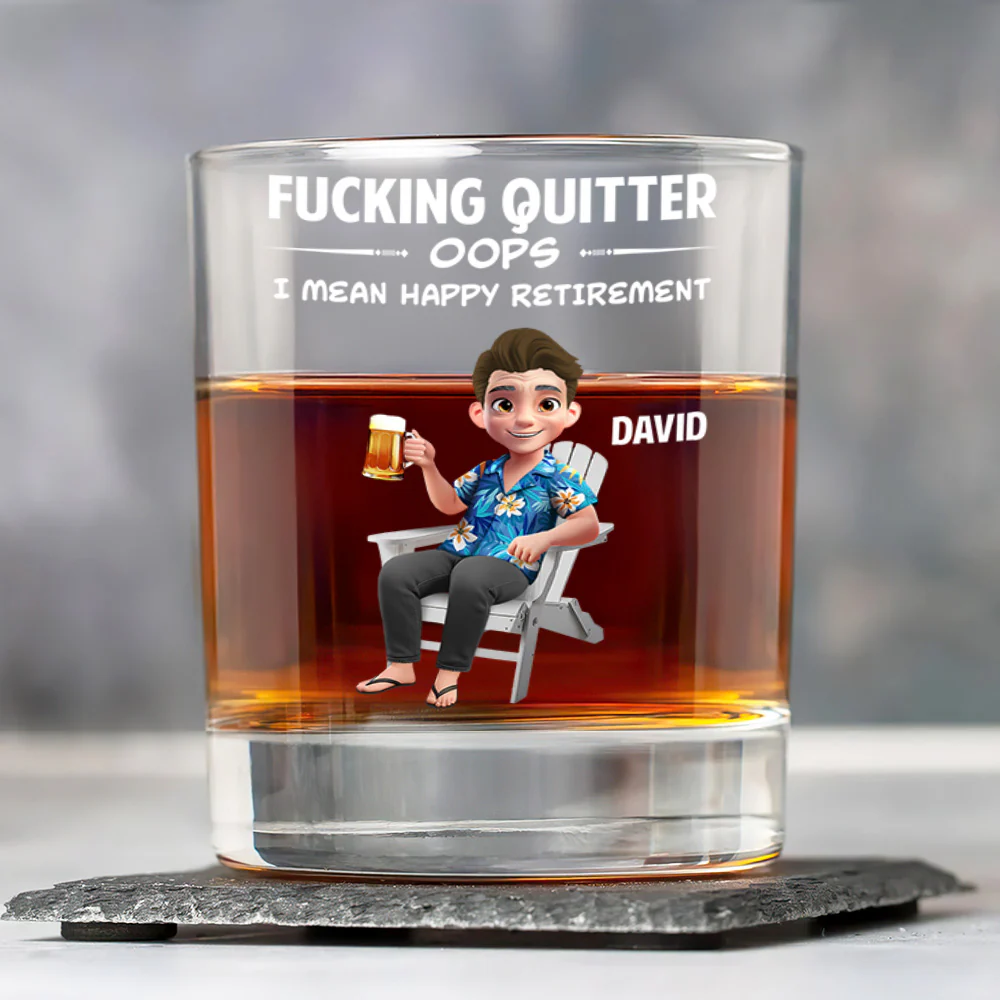 Fucking Quitter Oops I mean Happy Retirement - Personalized Round Whiskey Glass - Image 4