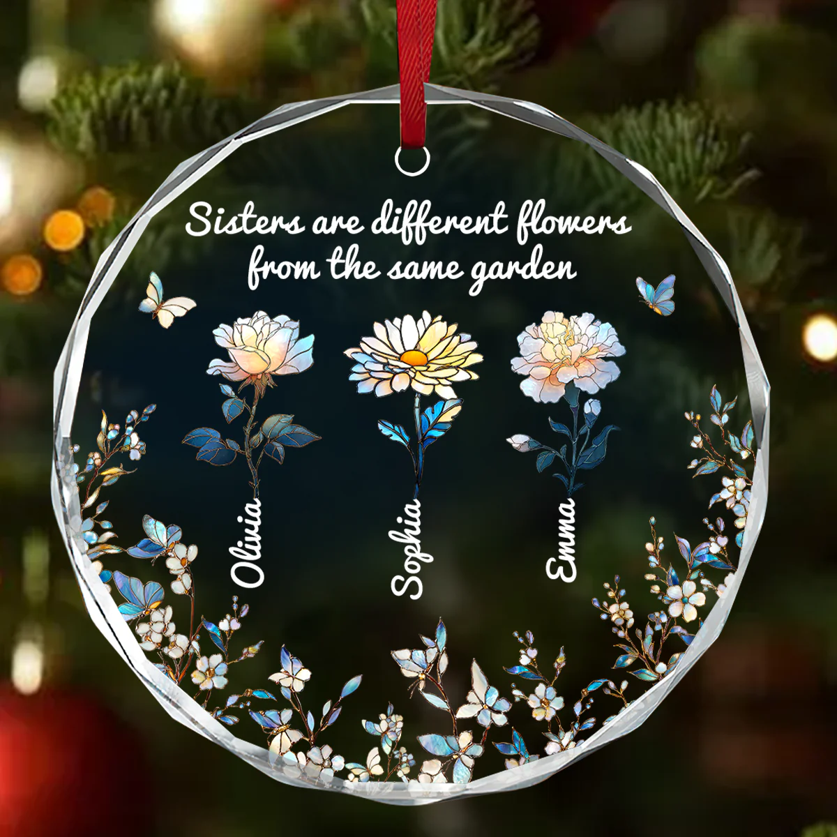 Garden Of Sisterhood - Personalized Round Shaped Glass Ornament