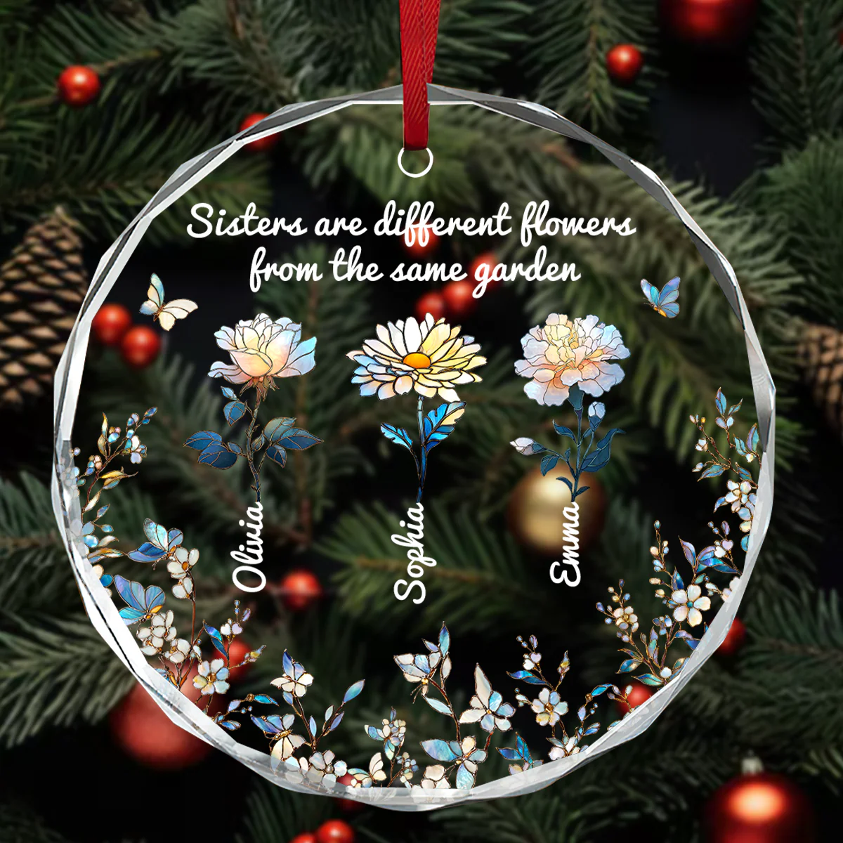 Garden Of Sisterhood - Personalized Round Shaped Glass Ornament - Image 3