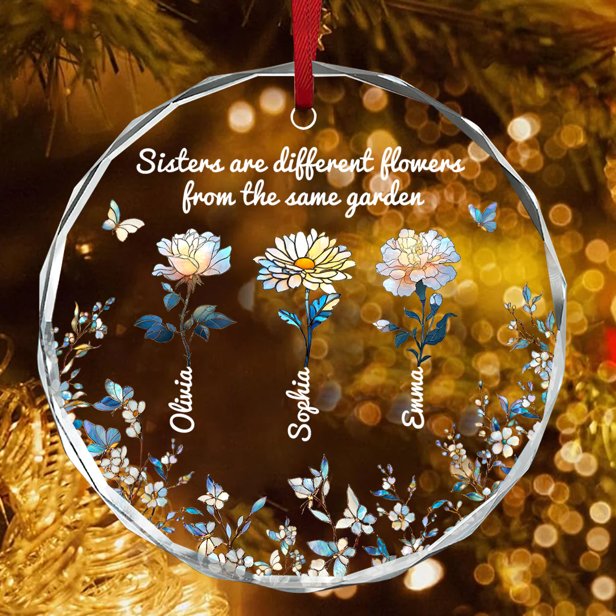 Garden Of Sisterhood - Personalized Round Shaped Glass Ornament - Image 4