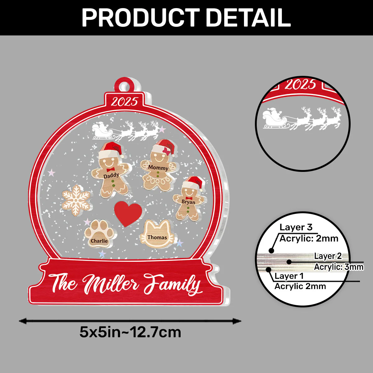 Gingerbread Family Snow Globe - Personalized 3 Layered Christmas Shaker Ornament - Image 6