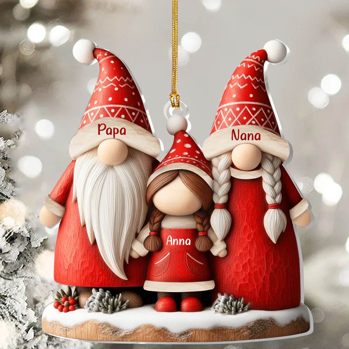 Gnome Grandparents And Grandkid - Personalized 1-Layer Acrylic Ornament - Image 3