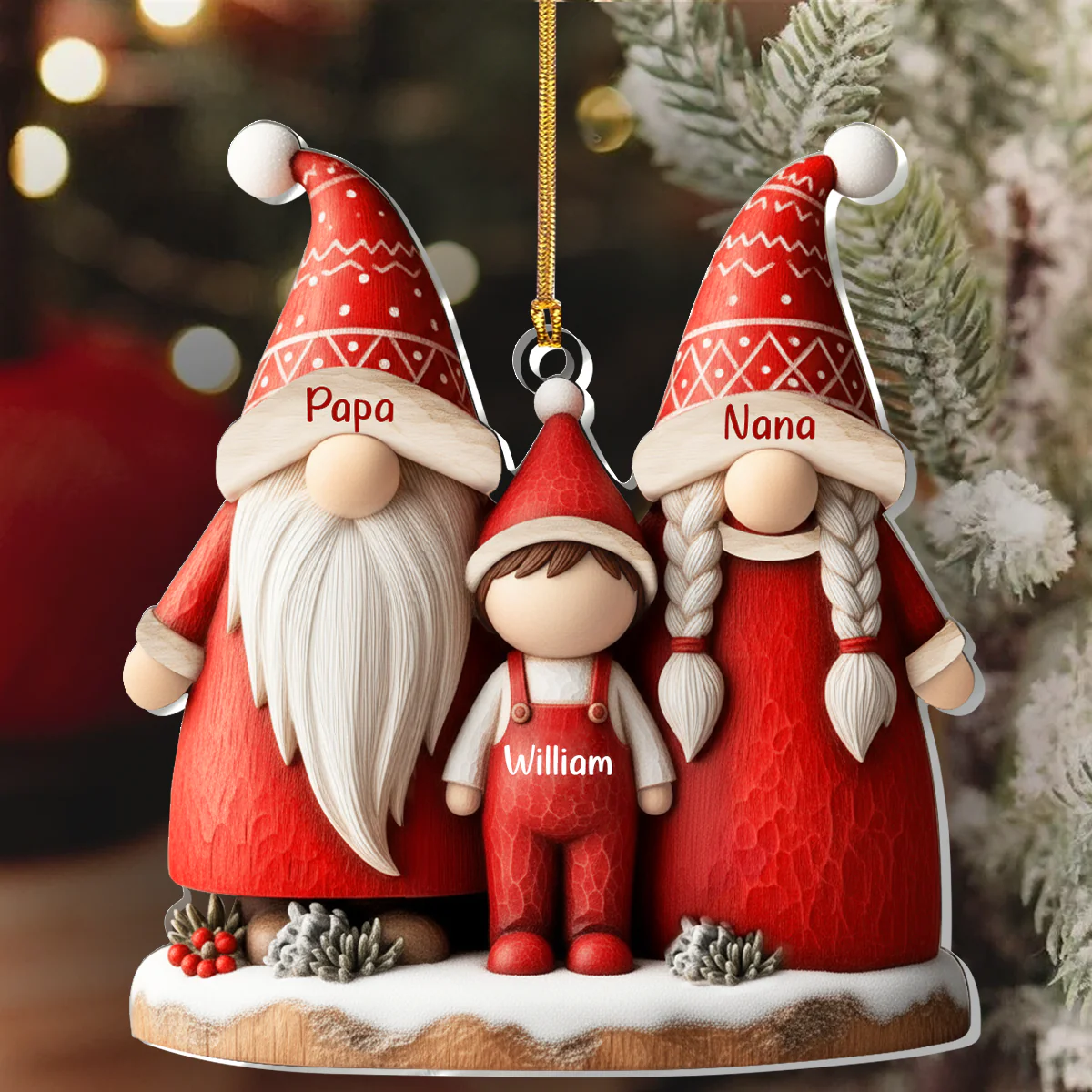 Gnome Grandparents And Grandkid - Personalized 1-Layer Acrylic Ornament - Image 4