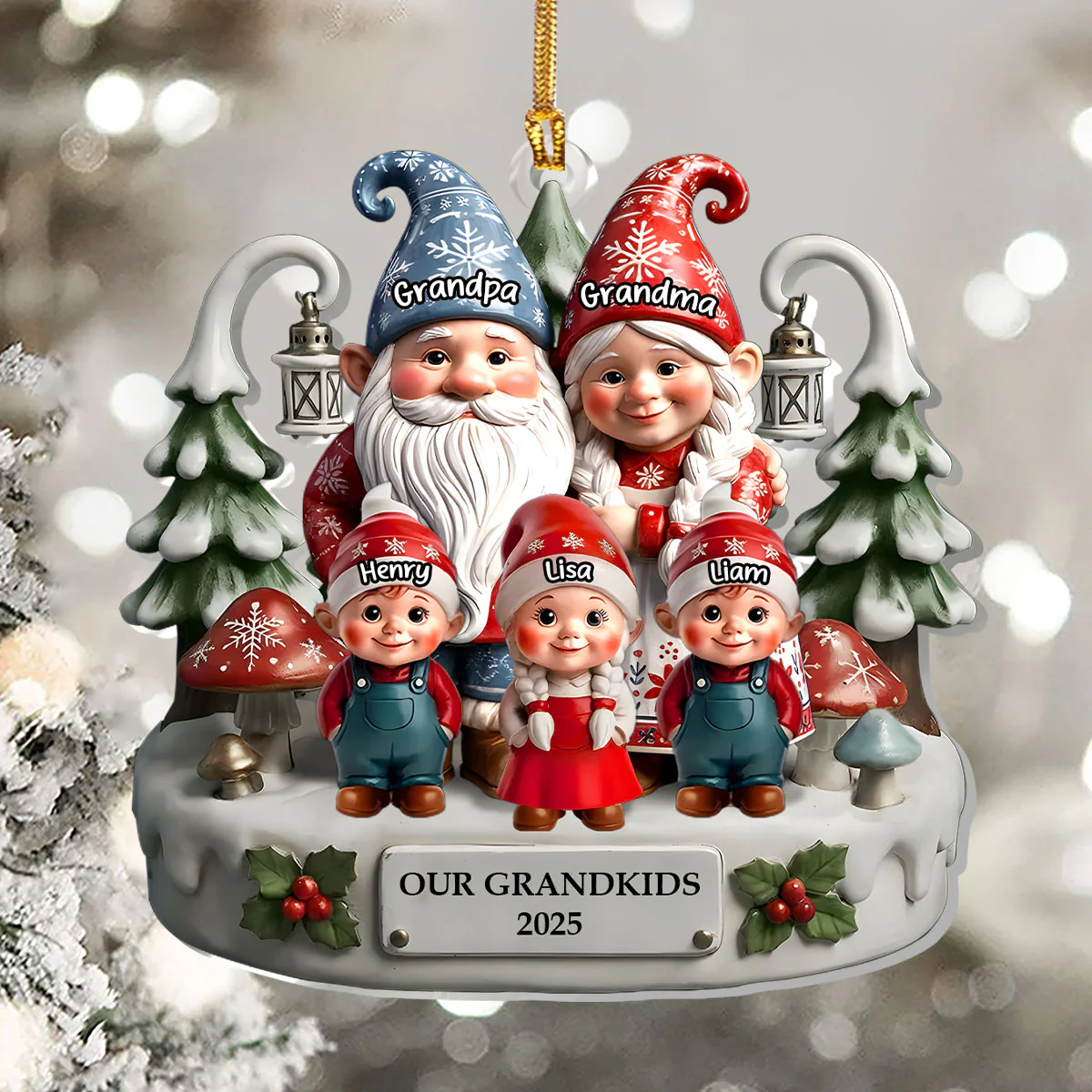 Gnome Grandparents And Grandkids - Personalized 1-Layer Acrylic Ornament - Image 5