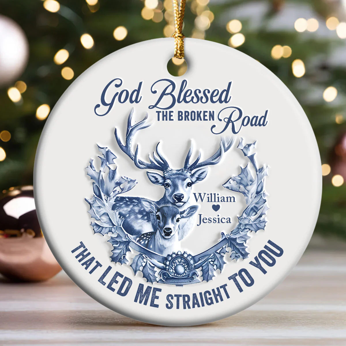 God Blessed The Broken Road - Personalized Round Shaped Ceramic Ornament - Image 3