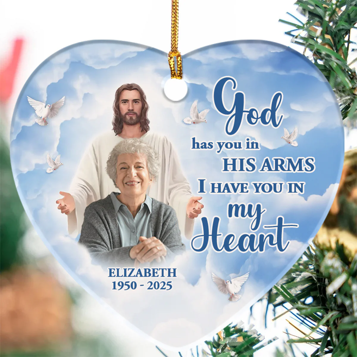 God Has You In His Arms - Personalized Heart Shaped Ceramic Ornament - Image 5