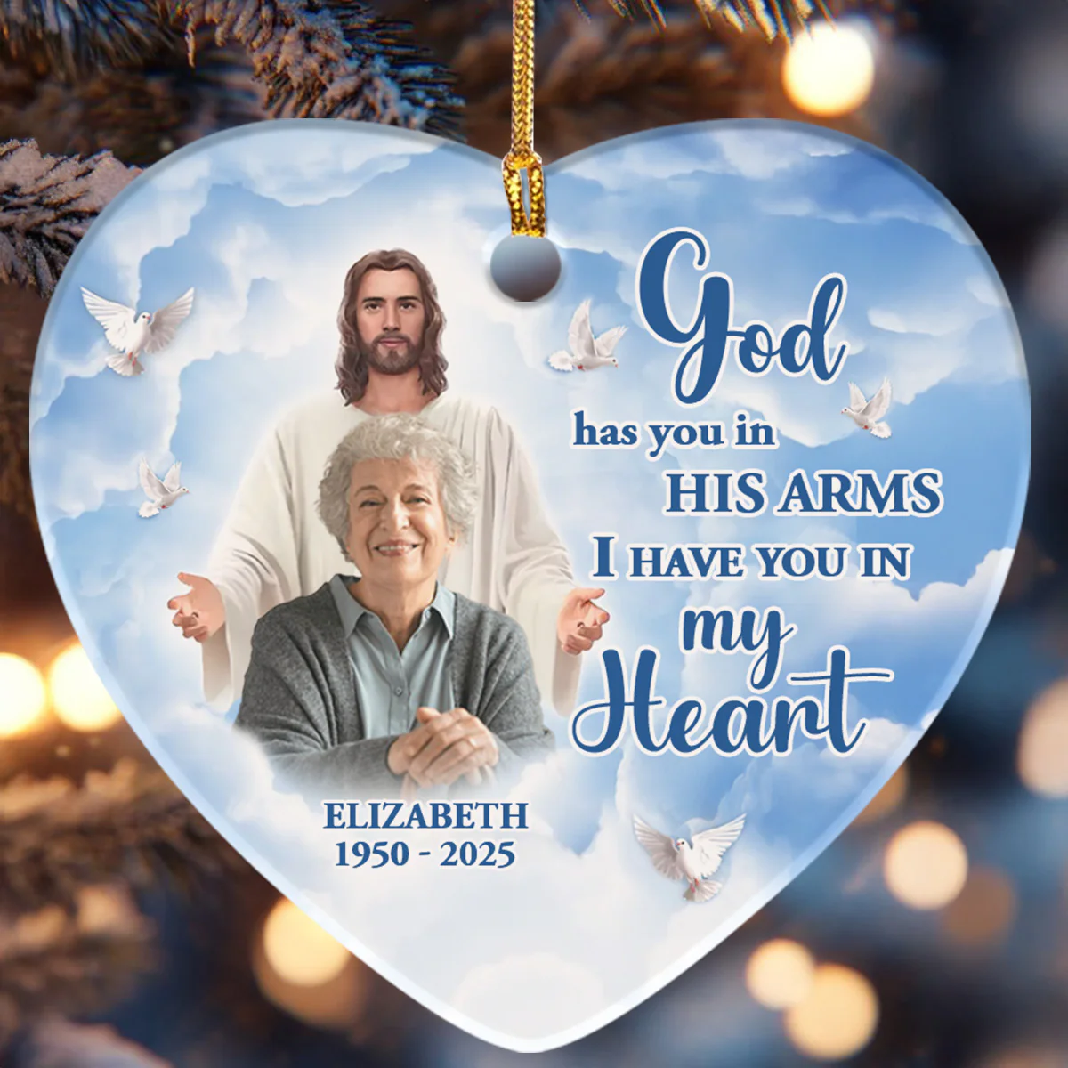 God Has You In His Arms - Personalized Heart Shaped Ceramic Ornament - Image 6
