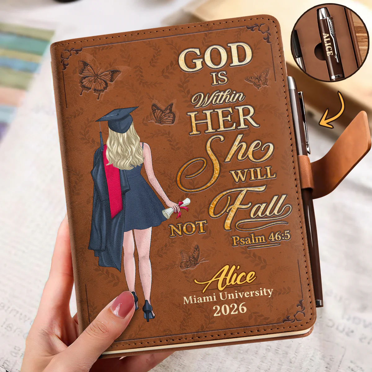 God Is Within Her She Will Not Fall - Personalized Leather Notebook & Pen Set