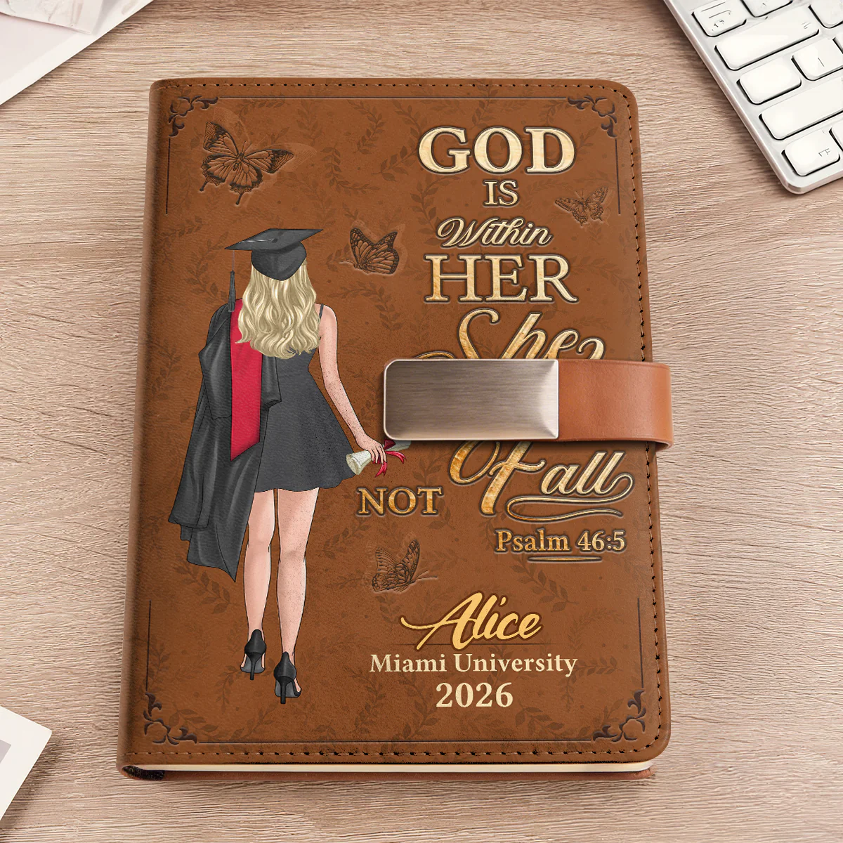 God Is Within Her She Will Not Fall - Personalized Leather Notebook & Pen Set - Image 2