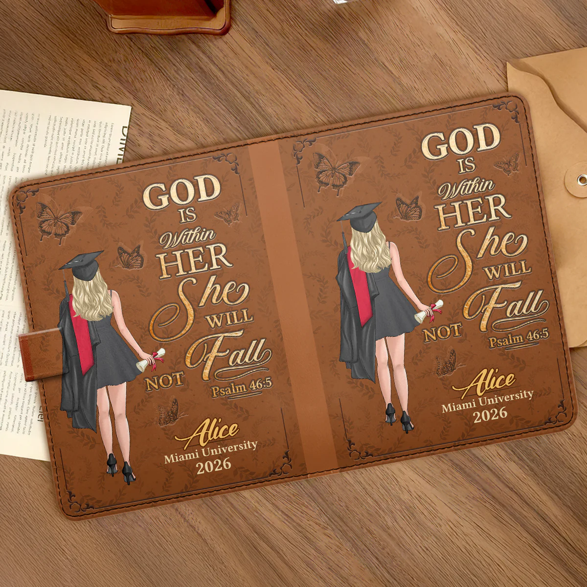 God Is Within Her She Will Not Fall - Personalized Leather Notebook & Pen Set - Image 4