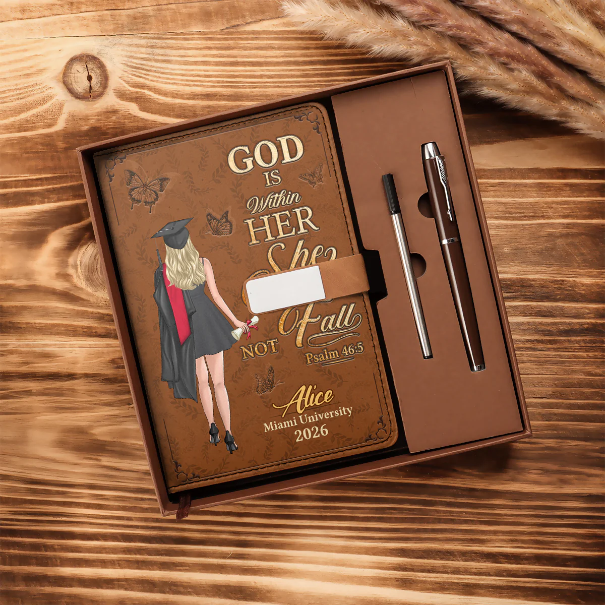 God Is Within Her She Will Not Fall - Personalized Leather Notebook & Pen Set - Image 5