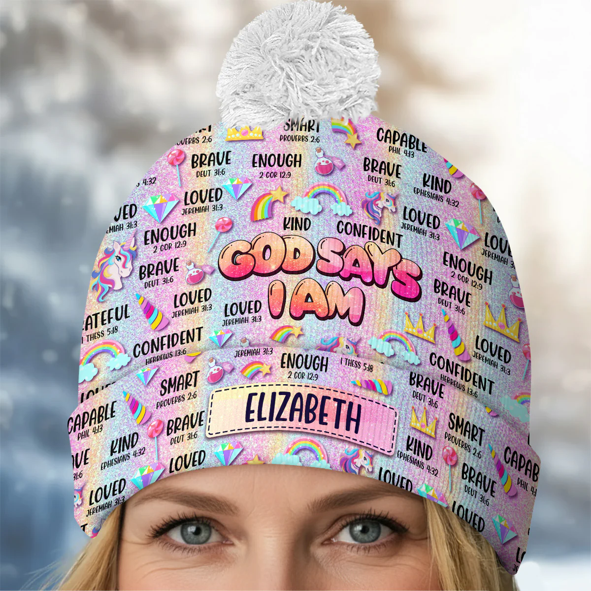 God Says I Am - Personalized Bobble Beanie Hat - Image 3