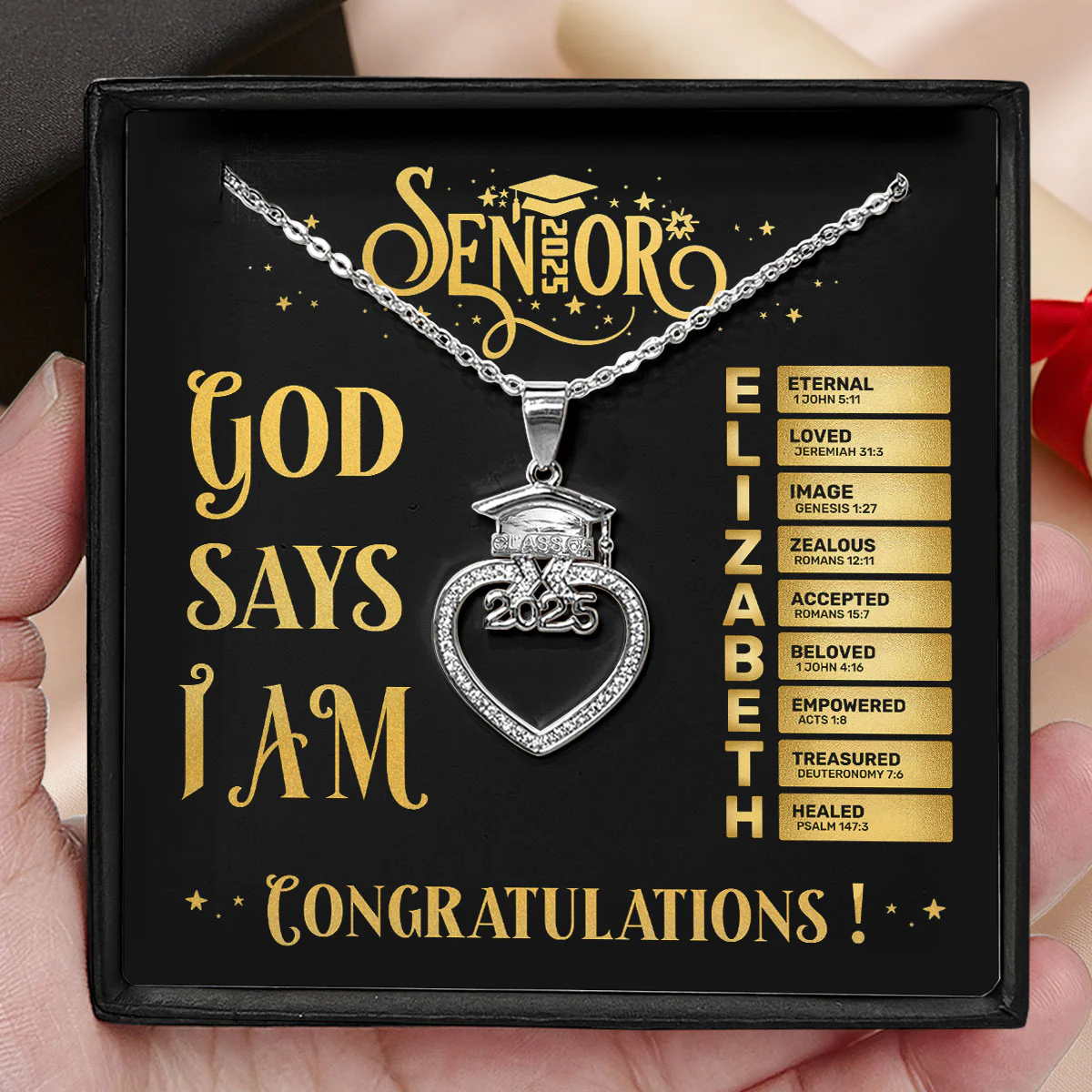 God Says I Am - Personalized Grad Cap Heart Necklace With Box&Card - Image 3