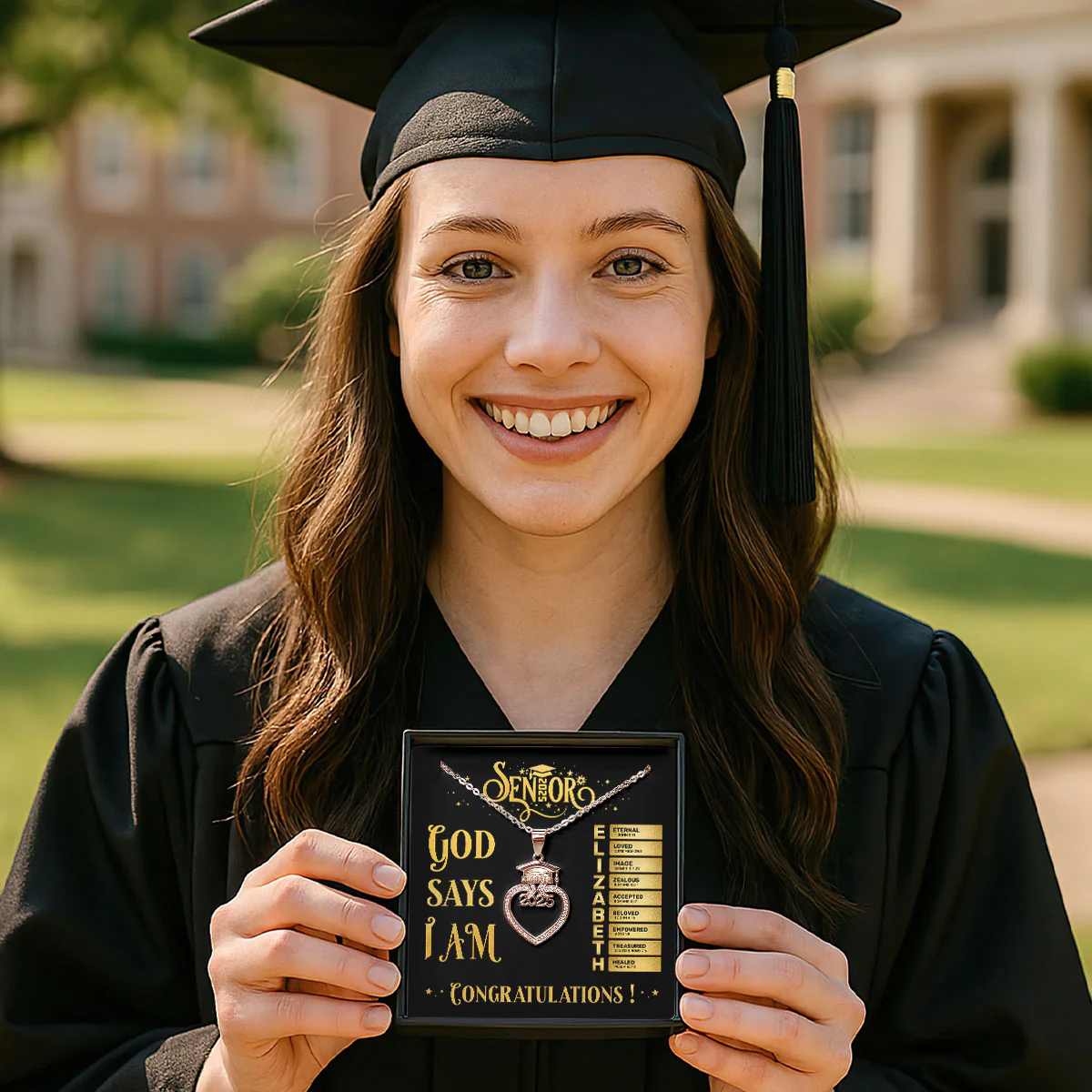 God Says I Am - Personalized Grad Cap Heart Necklace With Box&Card - Image 4