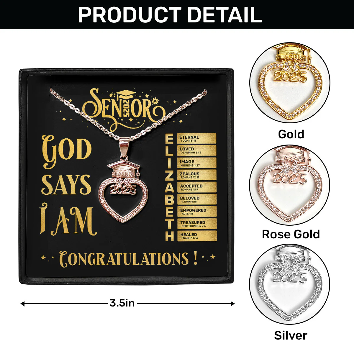 God Says I Am - Personalized Grad Cap Heart Necklace With Box&Card - Image 6