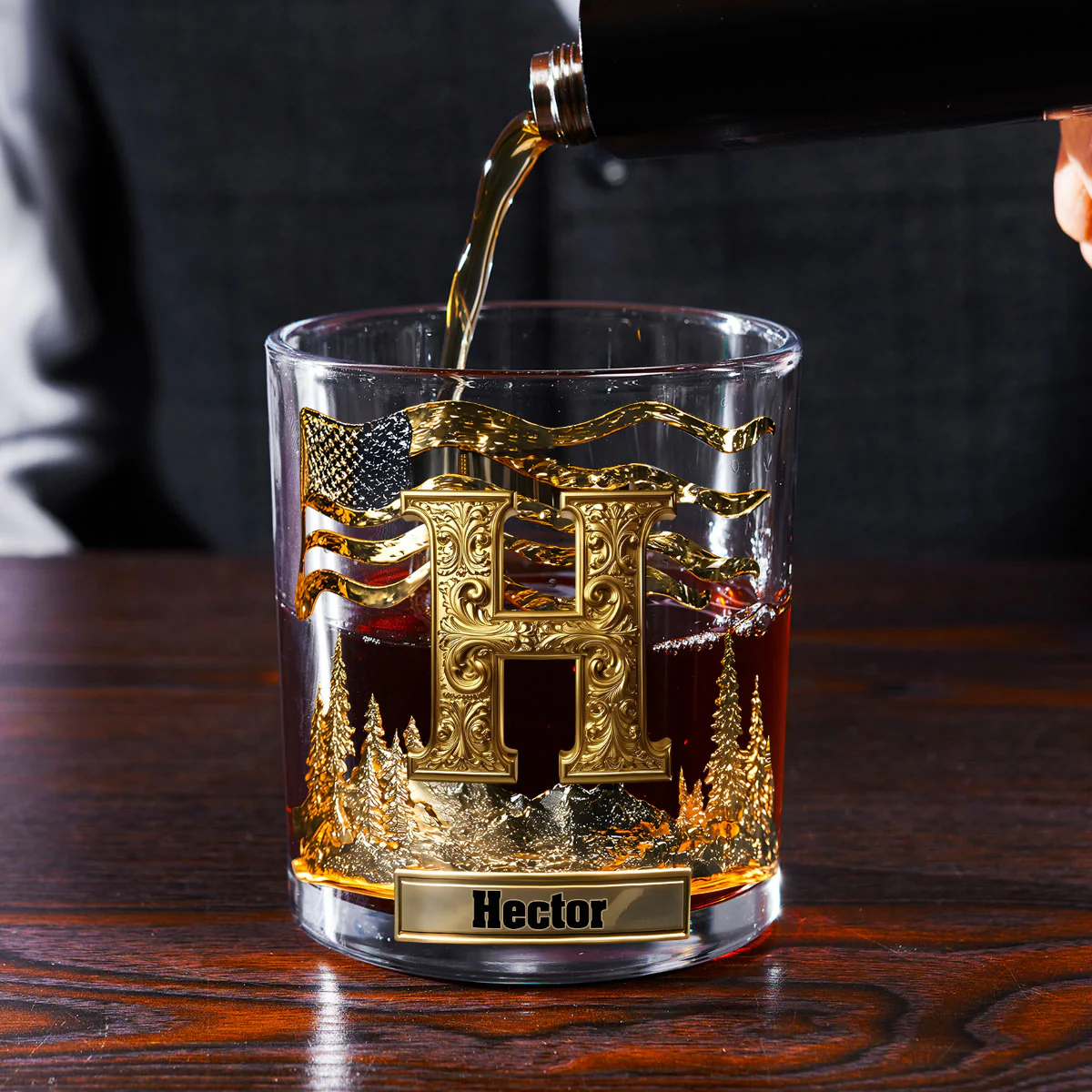 Golden Initial Gift For Husband - Personalized Round Whiskey Glass - Image 2