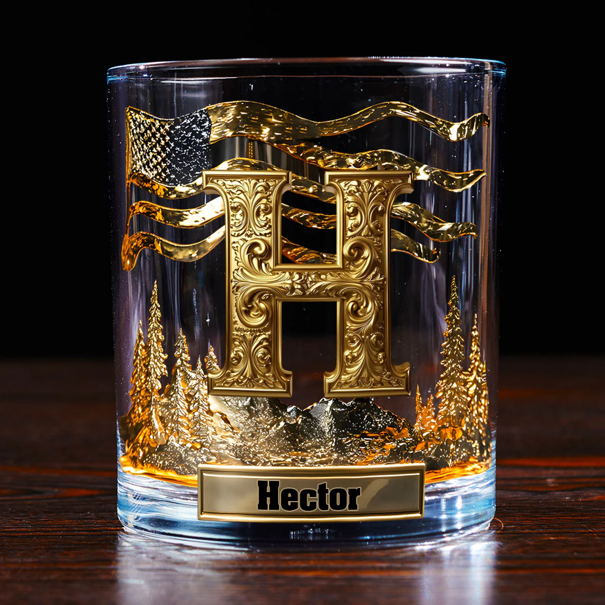 Golden Initial Gift For Husband - Personalized Round Whiskey Glass - Image 3