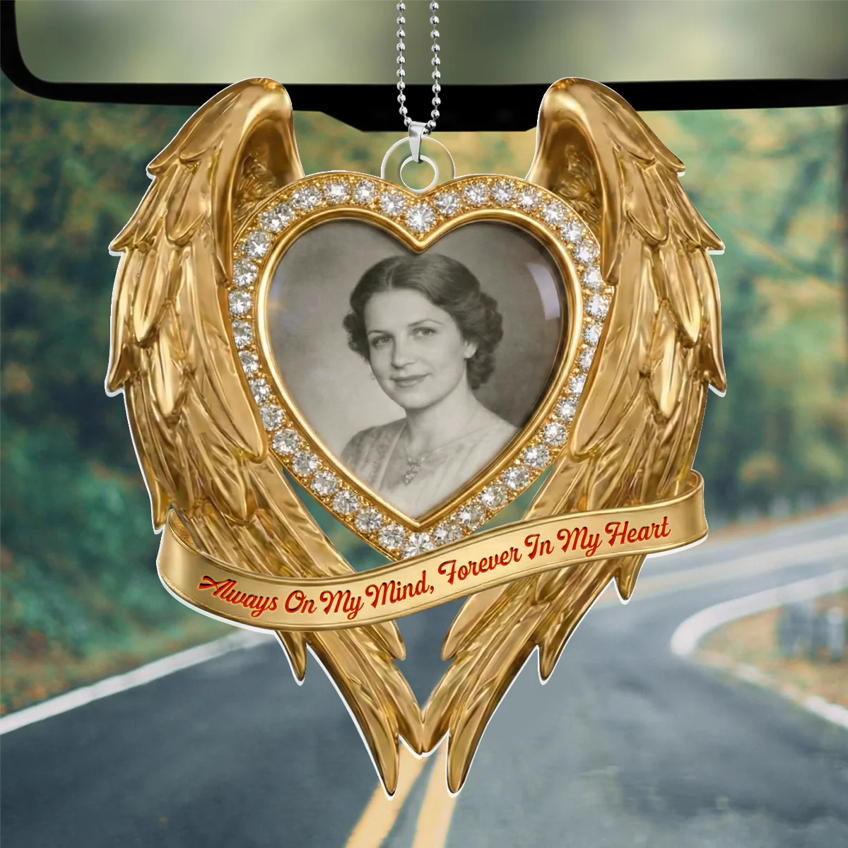 Golden Memorial Heart Wings - Personalized Car Acrylic Hanging Ornament - Image 2