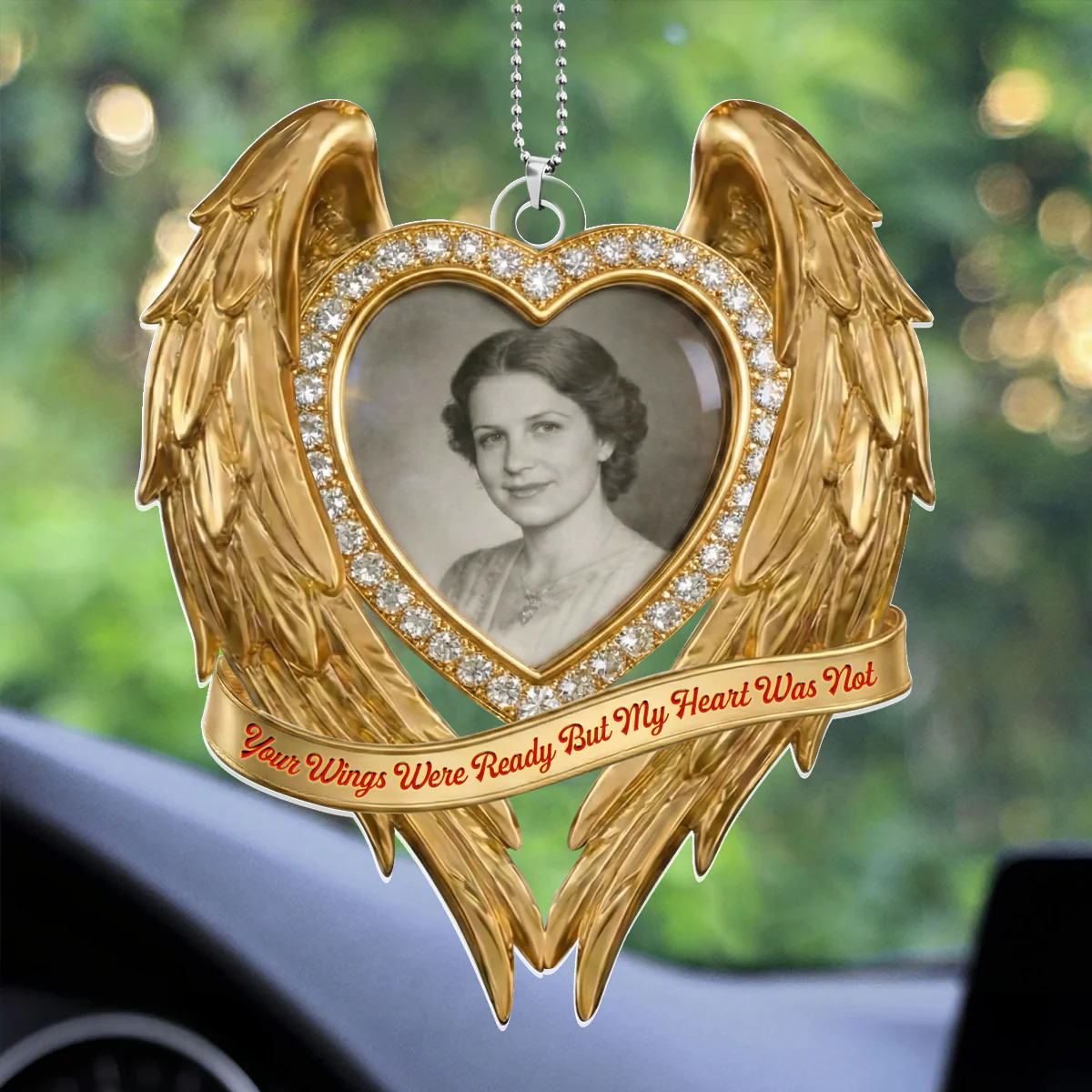 Golden Memorial Heart Wings - Personalized Car Acrylic Hanging Ornament - Image 3