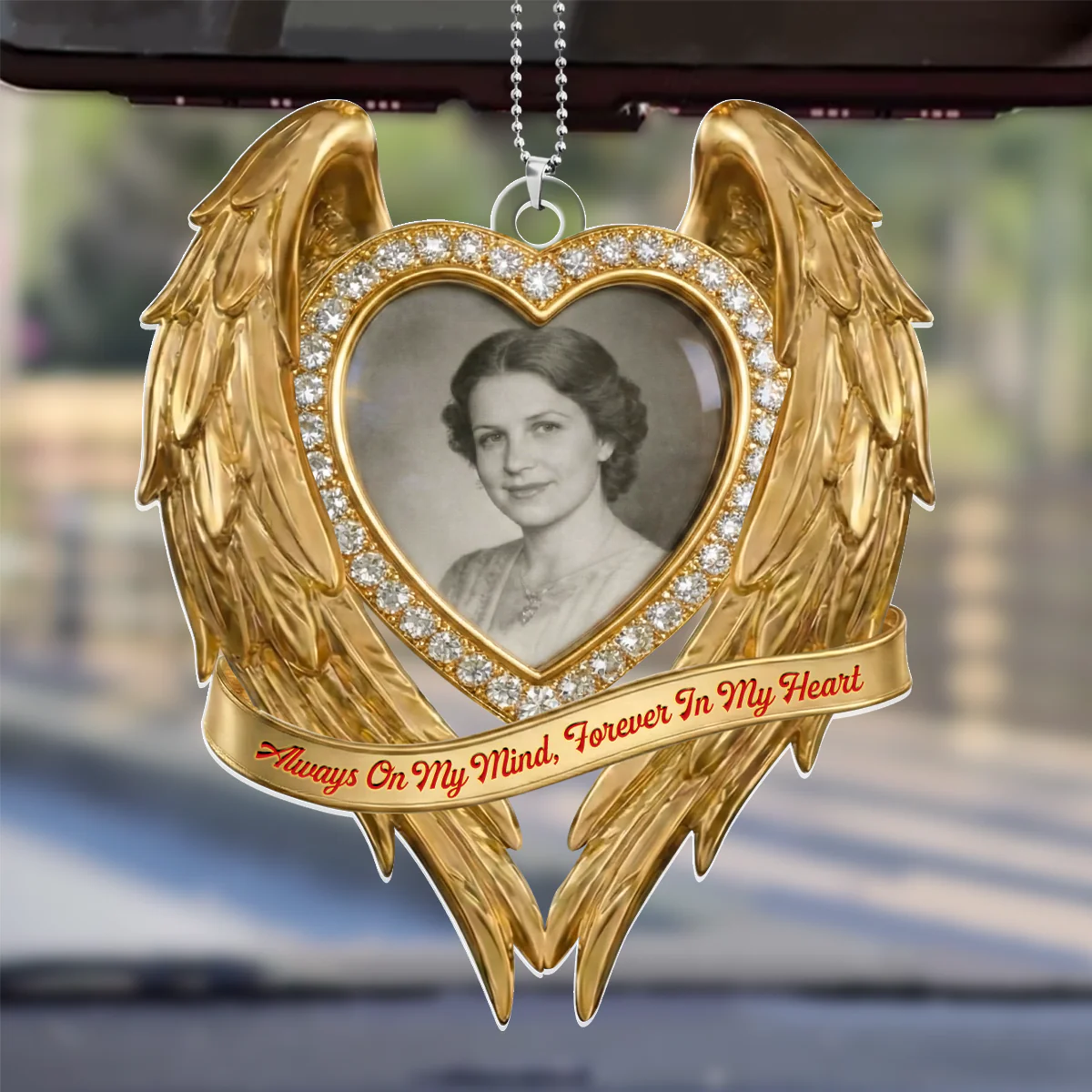 Golden Memorial Heart Wings - Personalized Car Acrylic Hanging Ornament - Image 4