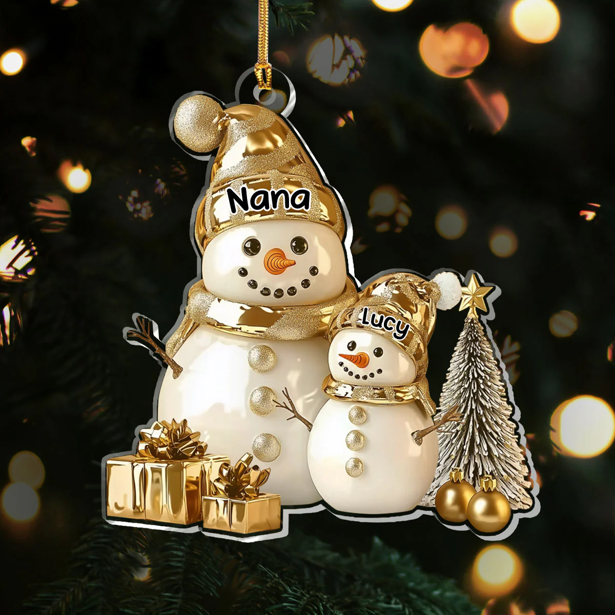 Golden Snowman Grandma And Grandchild - Personalized 1-Layer Acrylic Ornament