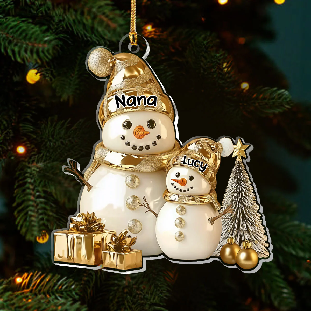 Golden Snowman Grandma And Grandchild - Personalized 1-Layer Acrylic Ornament - Image 3