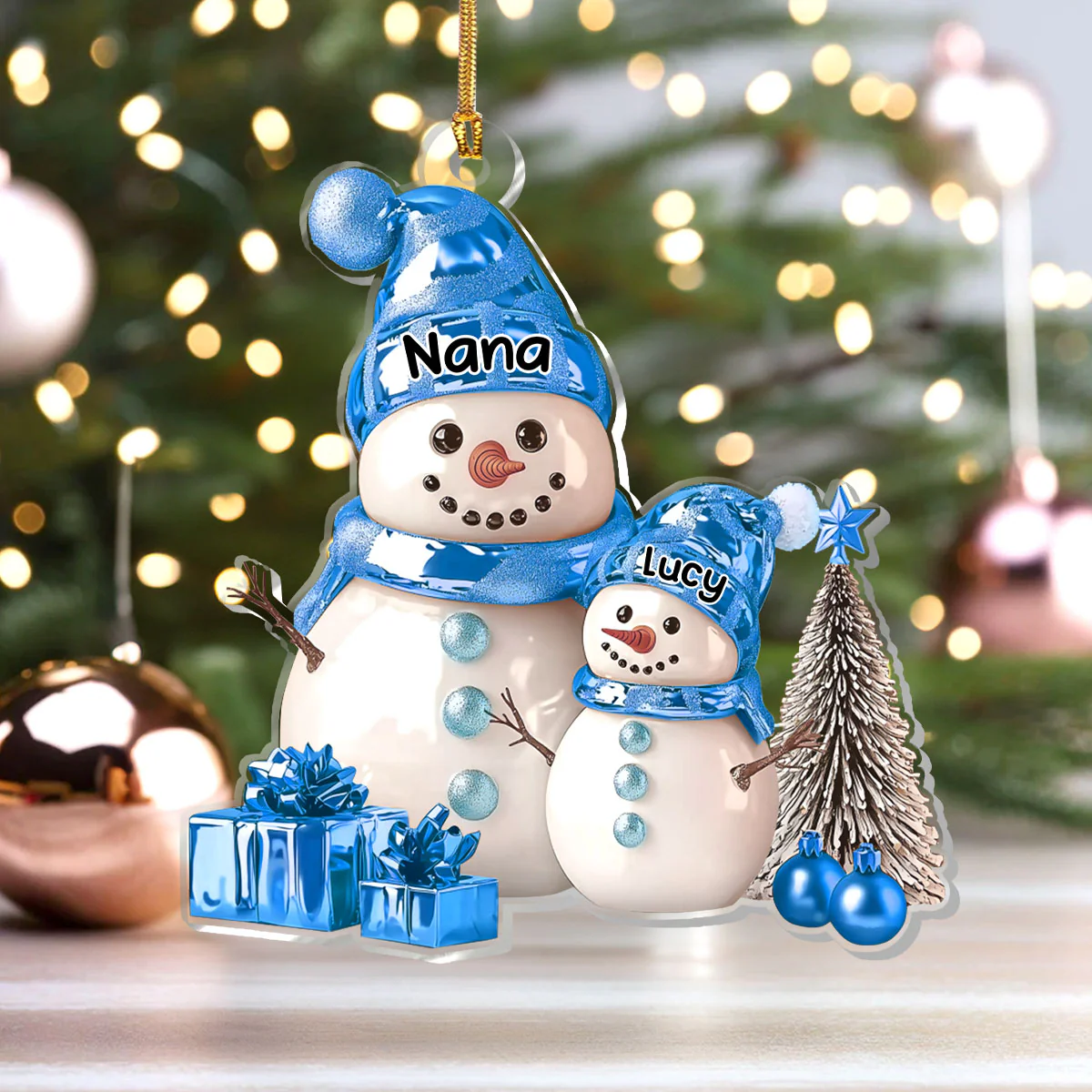 Golden Snowman Grandma And Grandchild - Personalized 1-Layer Acrylic Ornament - Image 4