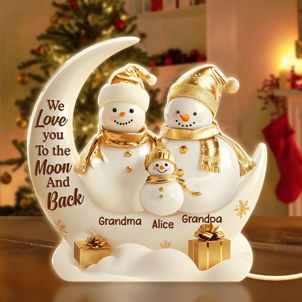 Golden Snowman Grandparents And Grandkid - Personalized Light Box