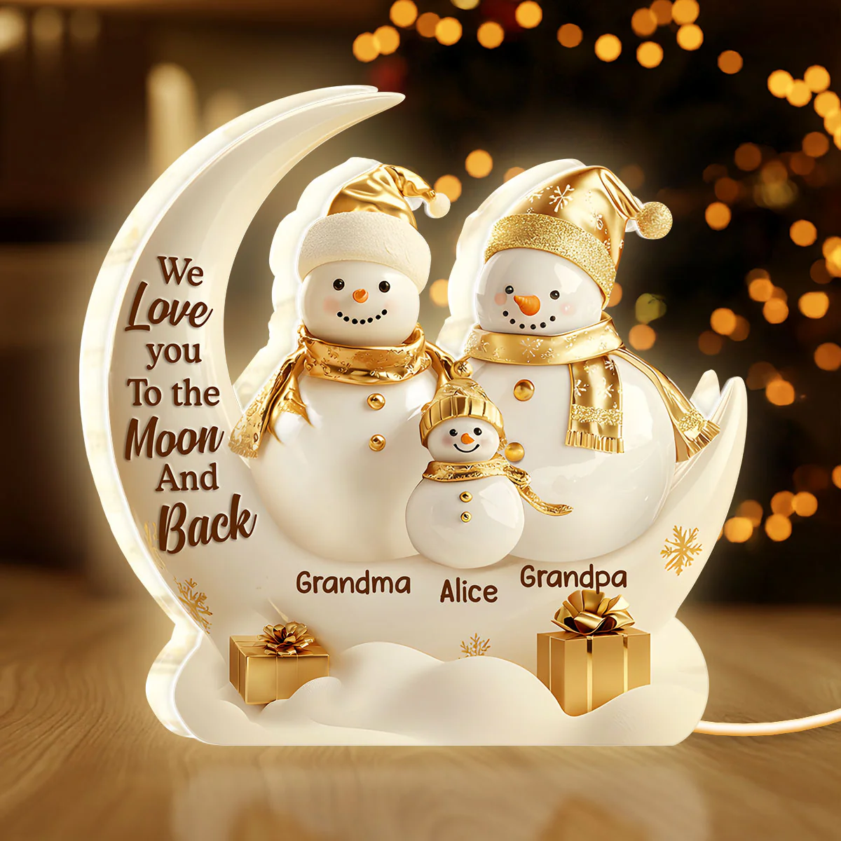 Golden Snowman Grandparents And Grandkid - Personalized Light Box - Image 2